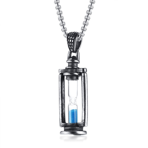 Kemstone Retro Creatived Blue Hourglass Stainless Steel Men Pendant Necklace Jewelry Gift