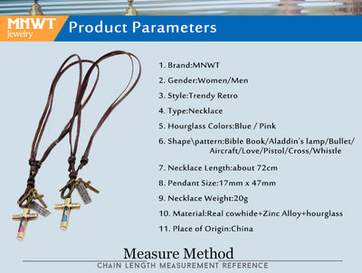 MNWT Mini Hourglass Cross Pendant Leather Necklace Bible Book/Whistle /Bullet/Aircraft/Love/Pistol Women Men Retro Jewelry
