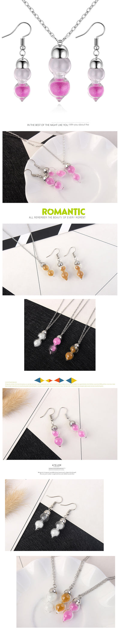 TSHOU87  Hourglass jewelry set creative fashion gourd quicksand necklace earrings two set