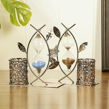 Creative Leaves Hourglass Pen Holder Metal Crafts Colorful Quicksand Desktop Ornaments Student Wedding Gift