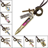 MNWT Mini Hourglass Cross Pendant Leather Necklace Bible Book/Whistle /Bullet/Aircraft/Love/Pistol Women Men Retro Jewelry