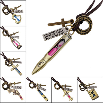 MNWT Mini Hourglass Cross Pendant Leather Necklace Bible Book/Whistle /Bullet/Aircraft/Love/Pistol Women Men Retro Jewelry