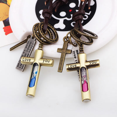 MNWT Mini Hourglass Cross Pendant Leather Necklace Bible Book/Whistle /Bullet/Aircraft/Love/Pistol Women Men Retro Jewelry