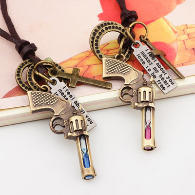 MNWT Mini Hourglass Cross Pendant Leather Necklace Bible Book/Whistle /Bullet/Aircraft/Love/Pistol Women Men Retro Jewelry