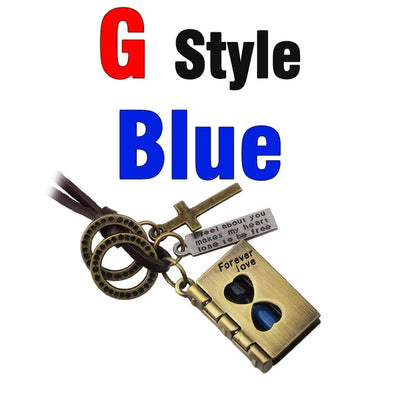 MNWT Mini Hourglass Cross Pendant Leather Necklace Bible Book/Whistle /Bullet/Aircraft/Love/Pistol Women Men Retro Jewelry