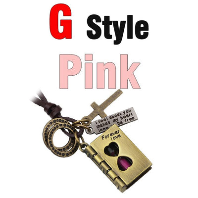 MNWT Mini Hourglass Cross Pendant Leather Necklace Bible Book/Whistle /Bullet/Aircraft/Love/Pistol Women Men Retro Jewelry