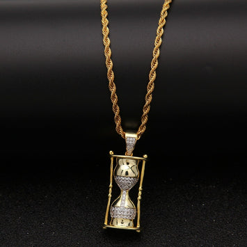 TBTK Hourglass Model Cool Hiphop Pendant Gold Necklace Rap Game Costume Jewelry Pendant Necklace for Man Micro-inlaid Zirconia