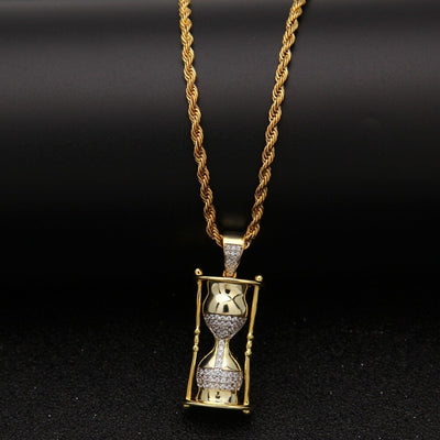 TBTK Hourglass Model Cool Hiphop Pendant Gold Necklace Rap Game Costume Jewelry Pendant Necklace for Man Micro-inlaid Zirconia