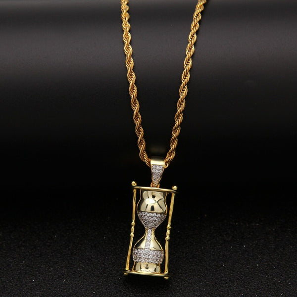 TBTK Hourglass Model Cool Hiphop Pendant Gold Necklace Rap Game Costume Jewelry Pendant Necklace for Man Micro-inlaid Zirconia